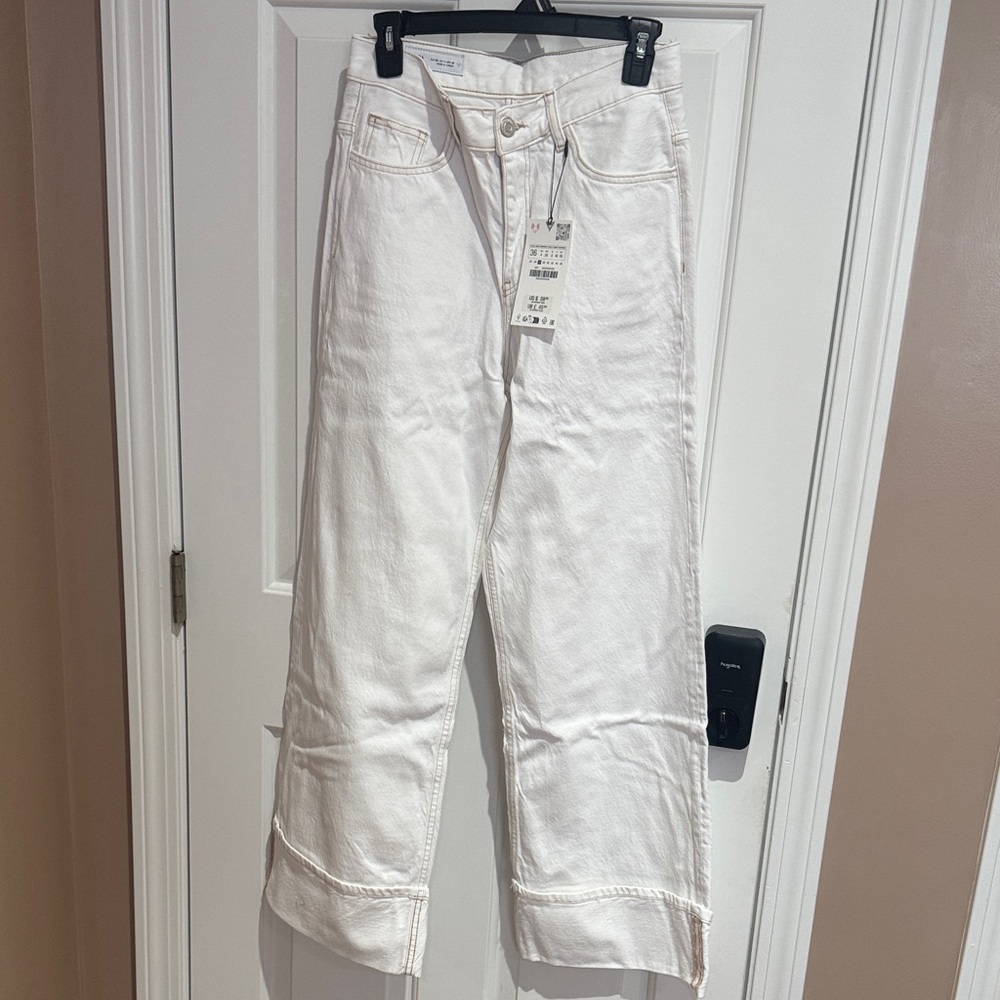 Zara Cream Flare Wide-Leg Jeans
